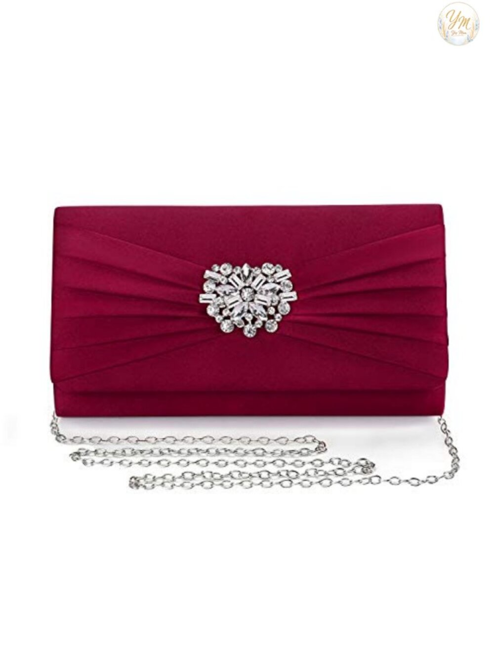Pleated Satin Rhinestone Brooch Evening Clutch with Chain Strap